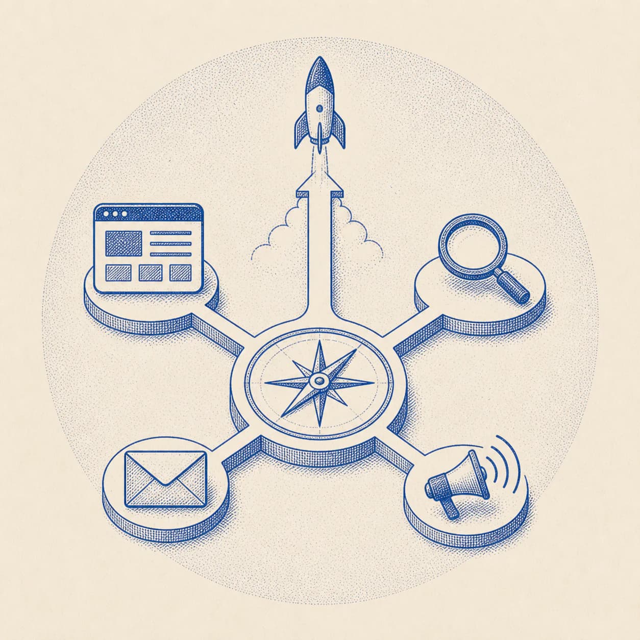 Cobalt engraving of connected marketing channels feeding one growth system