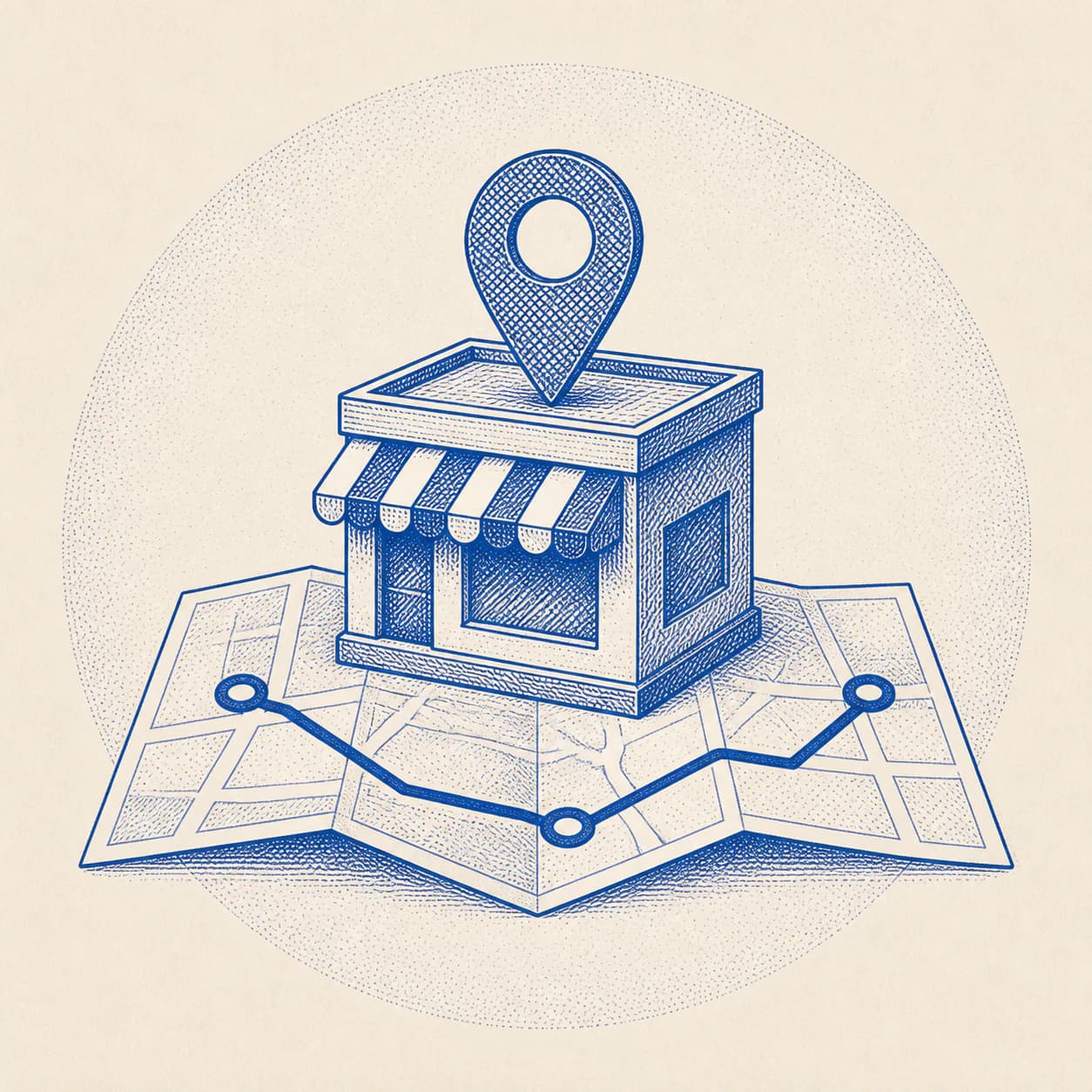 Cobalt engraving of a local storefront connected across a simple map
