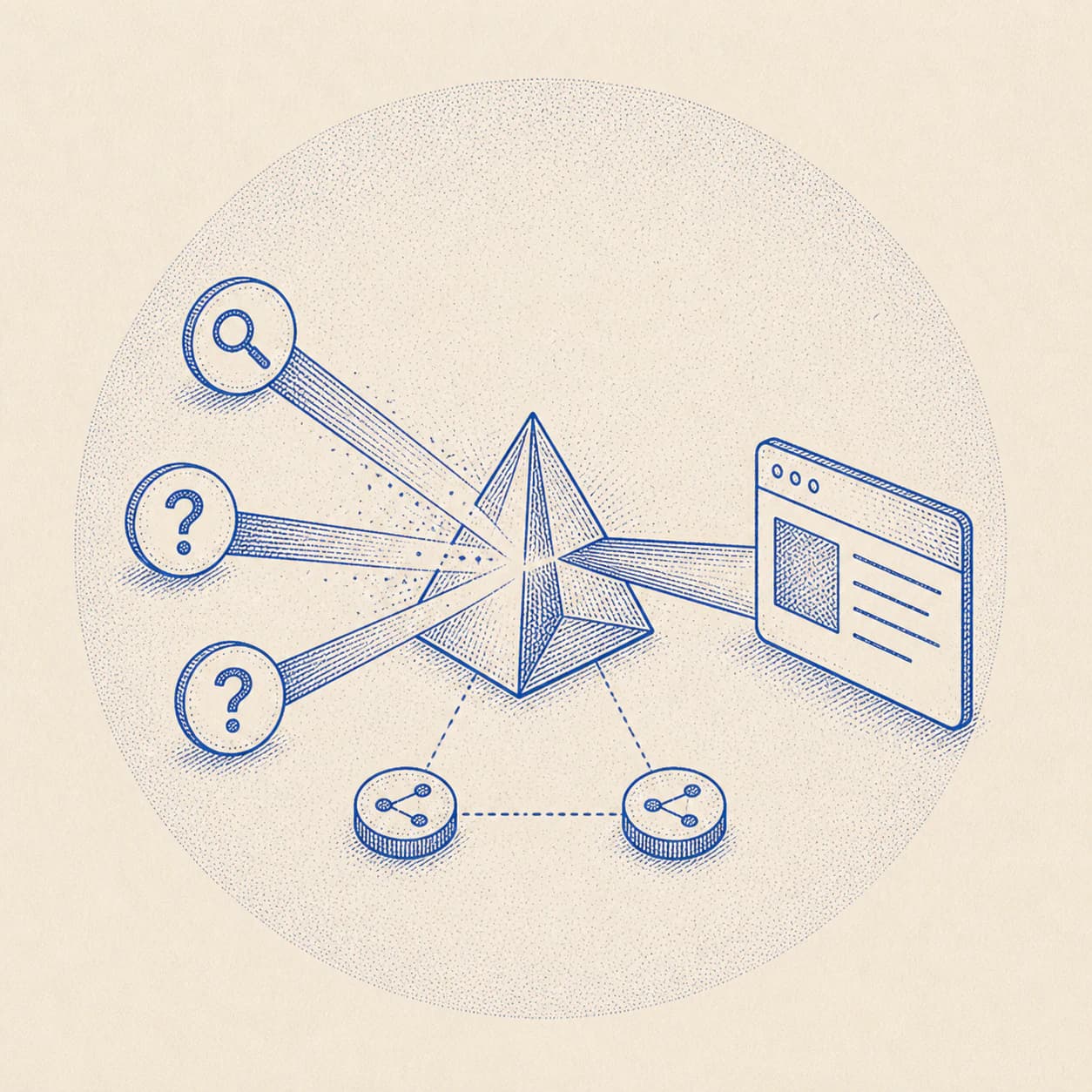 Cobalt engraving of an answer signal moving through a connected discovery system