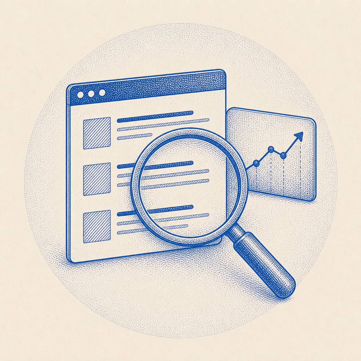 Cobalt engraving of a magnifying glass inspecting a website and search signals