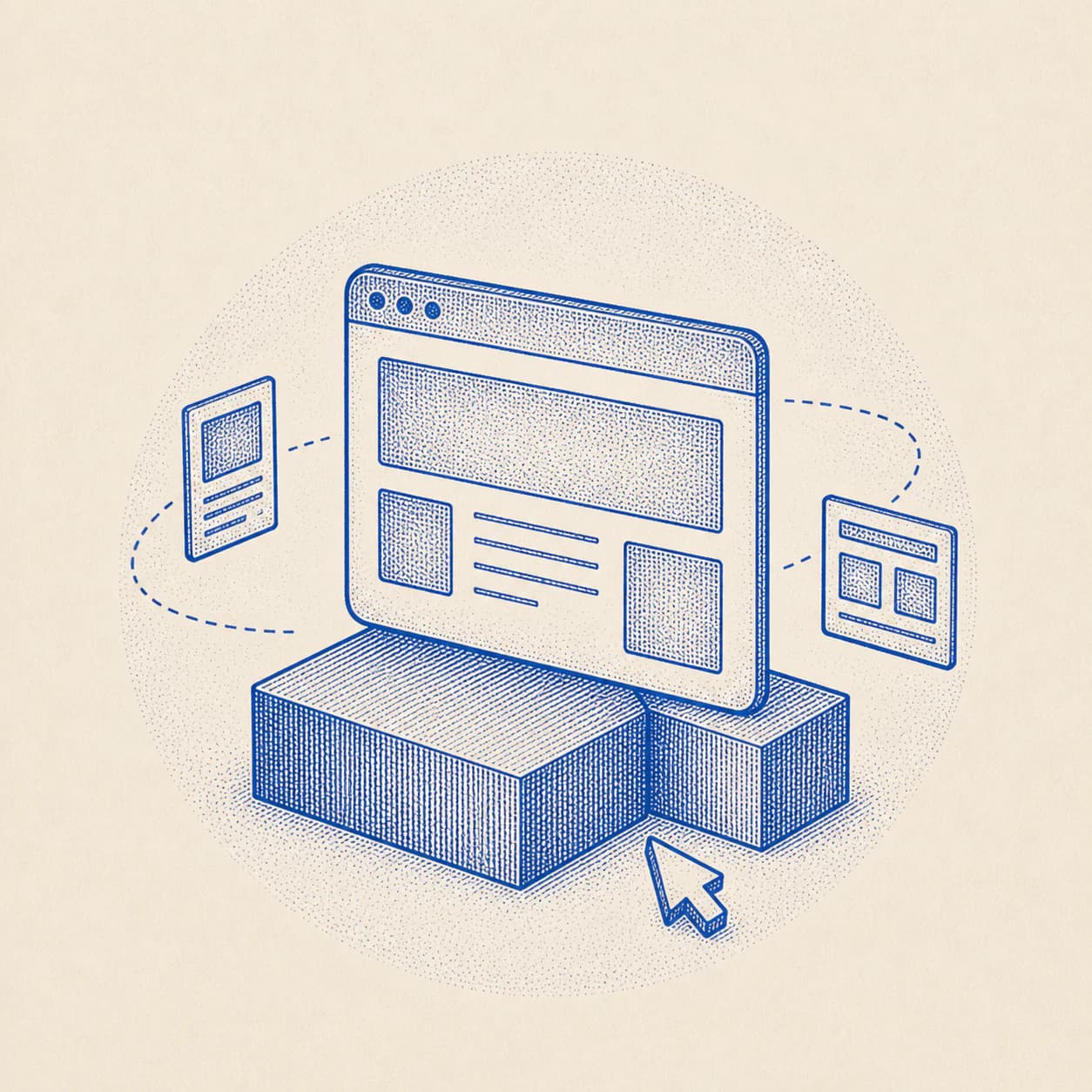 Cobalt engraving of a website interface being assembled on geometric blocks