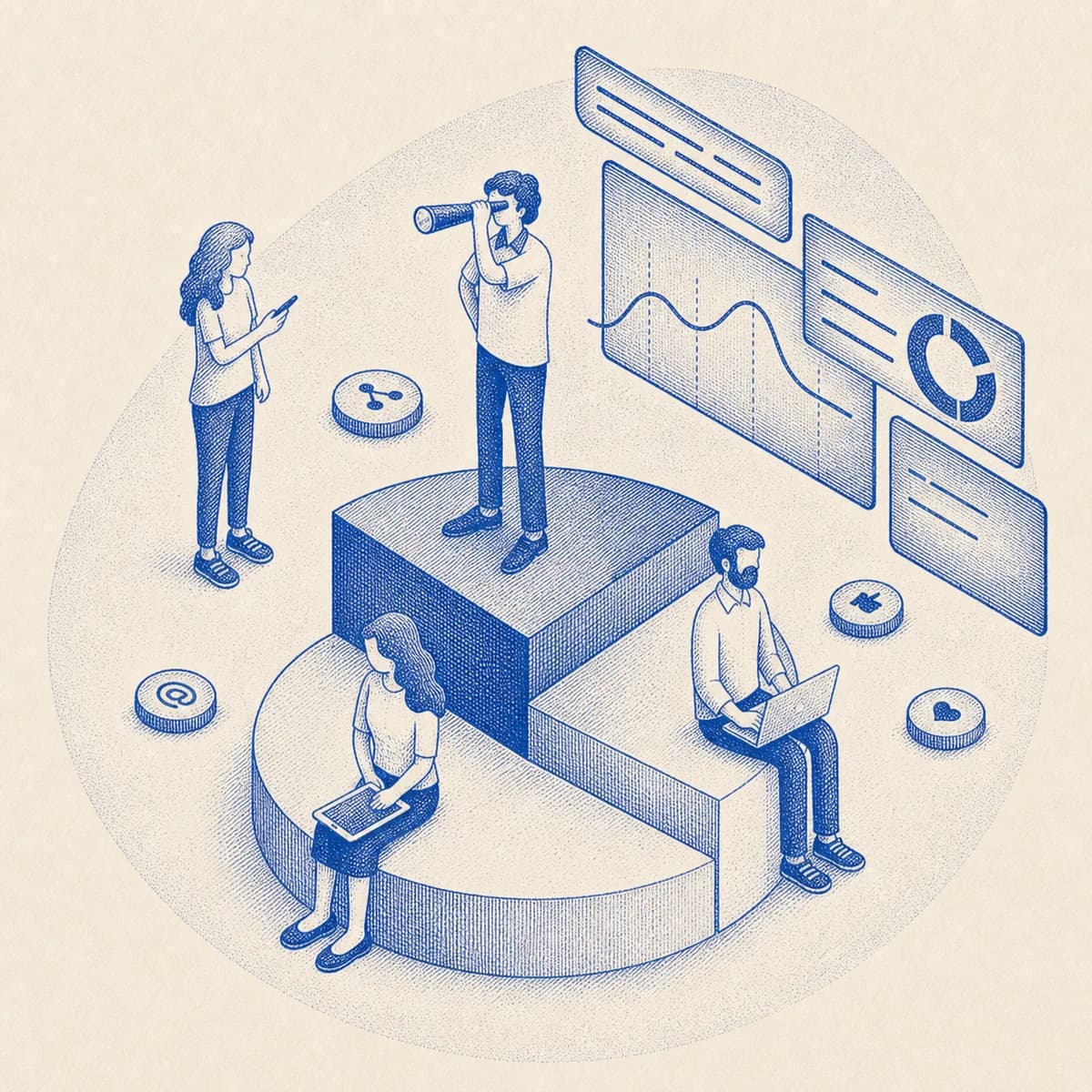 Engraved illustration of a team aligning strategy and measurement