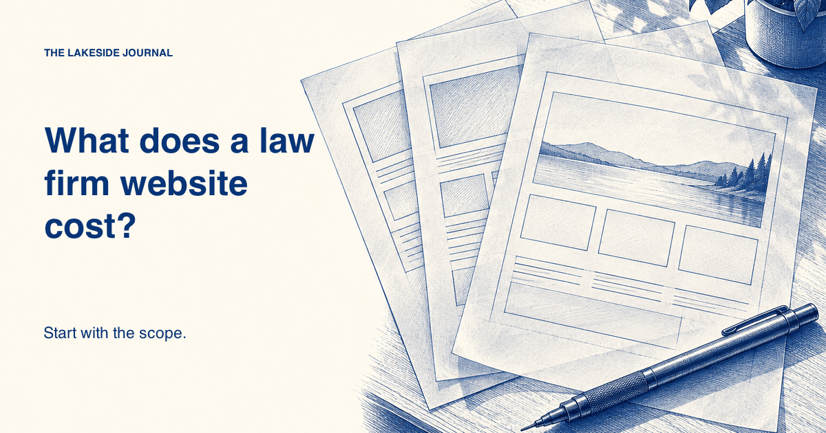 Cobalt pen drawing of layered website plans and a drafting pen, with the title What does a law firm website cost?