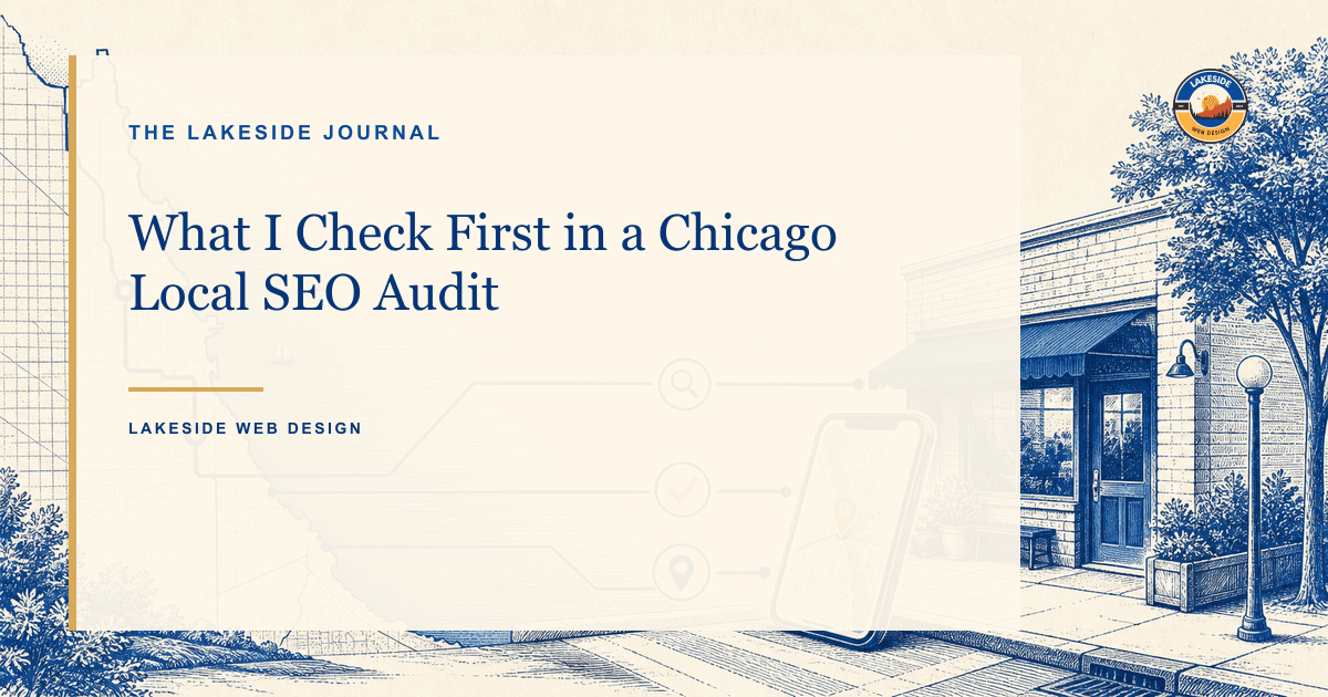 Editorial engraving of a Chicago map path connecting search checks to a neighborhood storefront